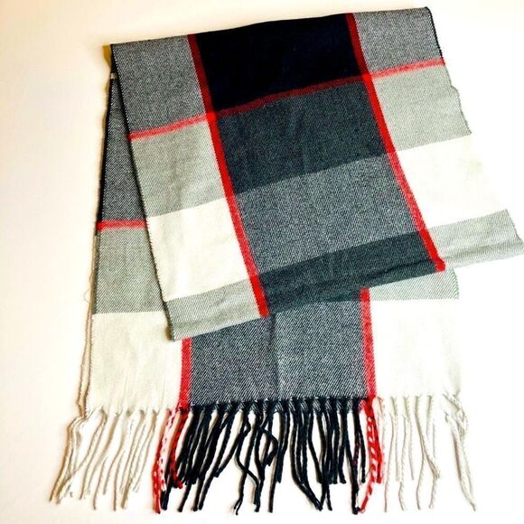 Gray & Red Plaid Scarf Soft Rectangle Knit Fringe - Picture 1 of 7